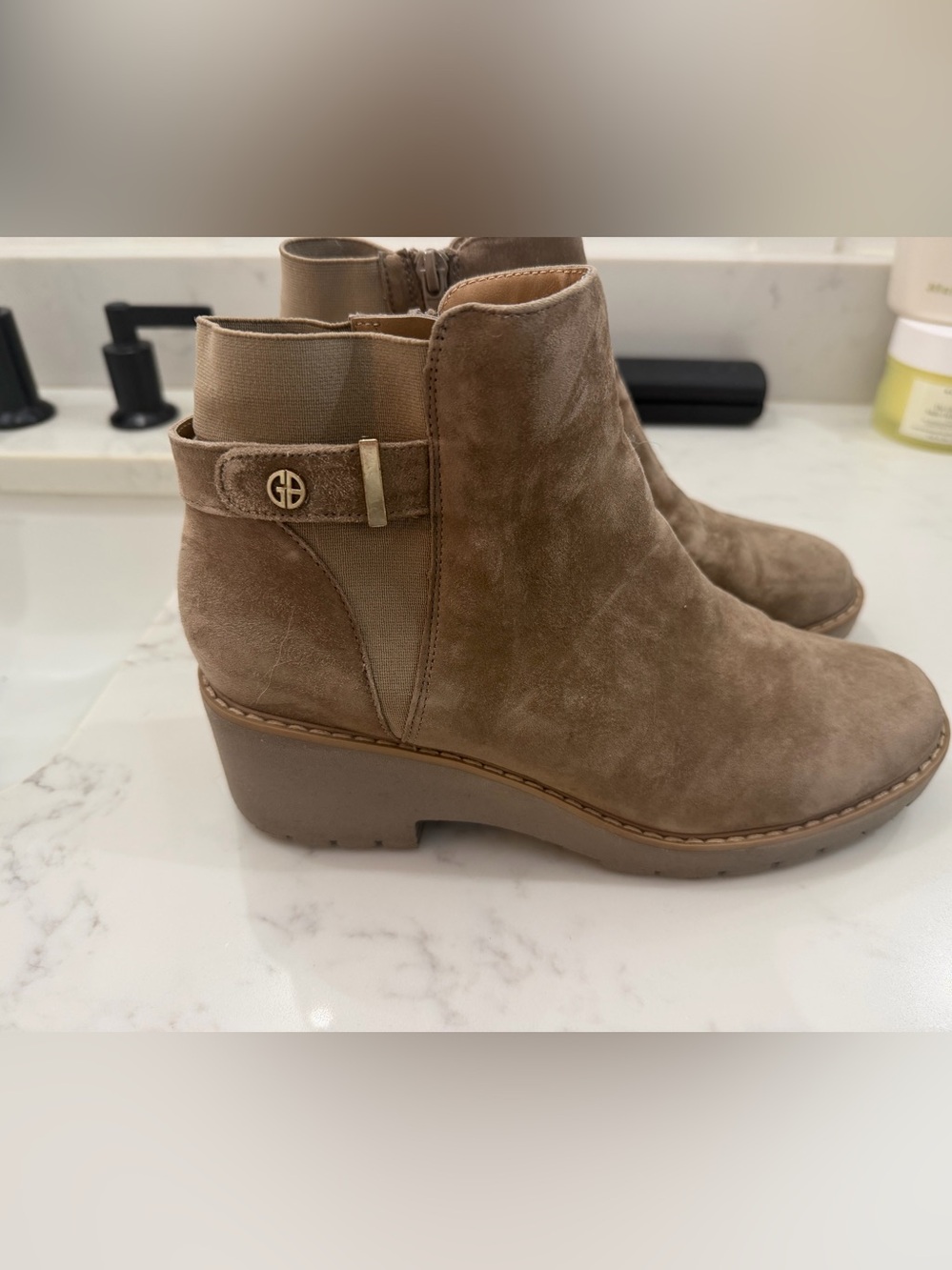 Giani Bernini Taupe Suede Ankle Booties with Gold GB Accent
